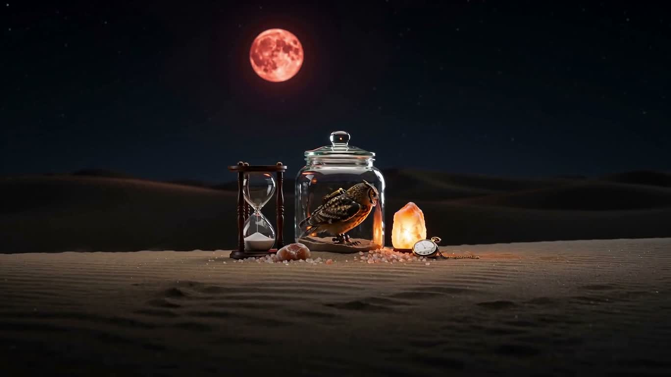 Chouette steampunk dans un bocal en verre sur le sable