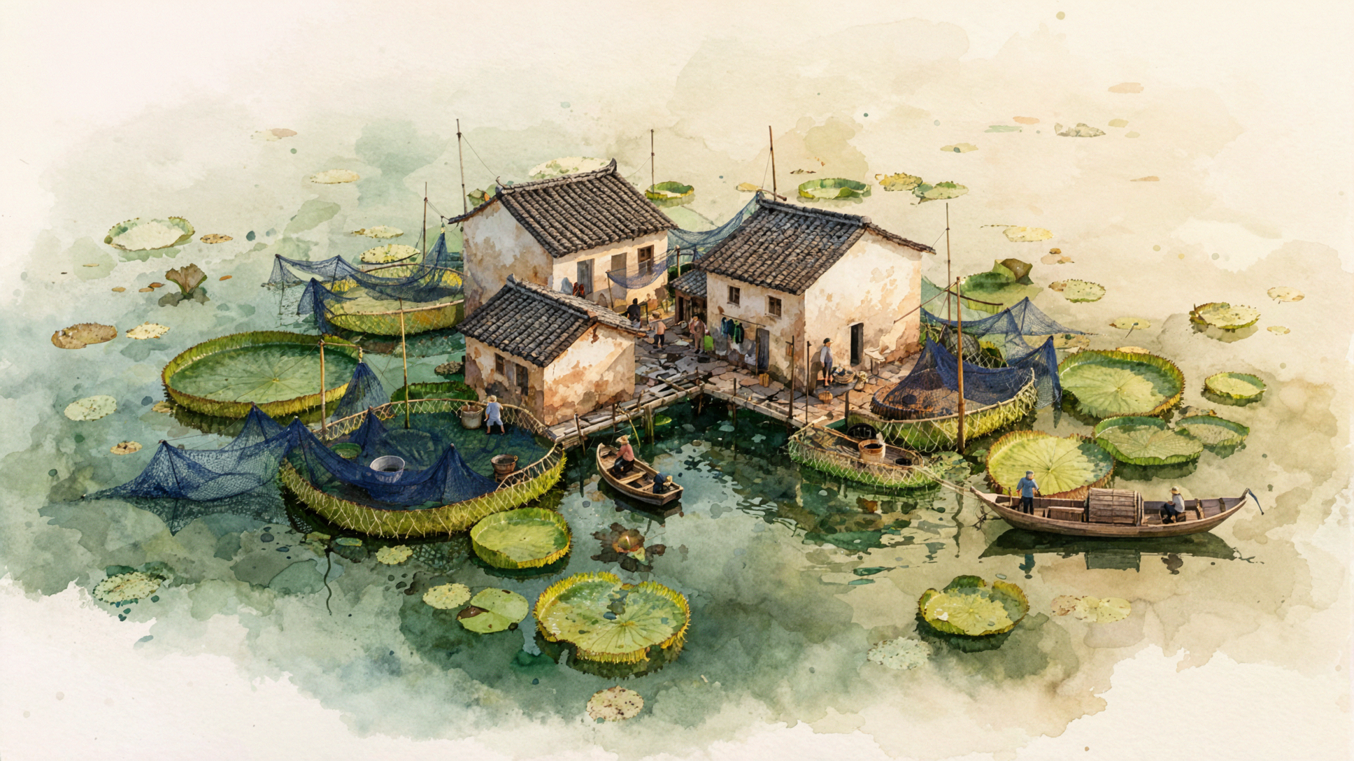 浮かぶ漁村・水彩手帳 — AI image creation