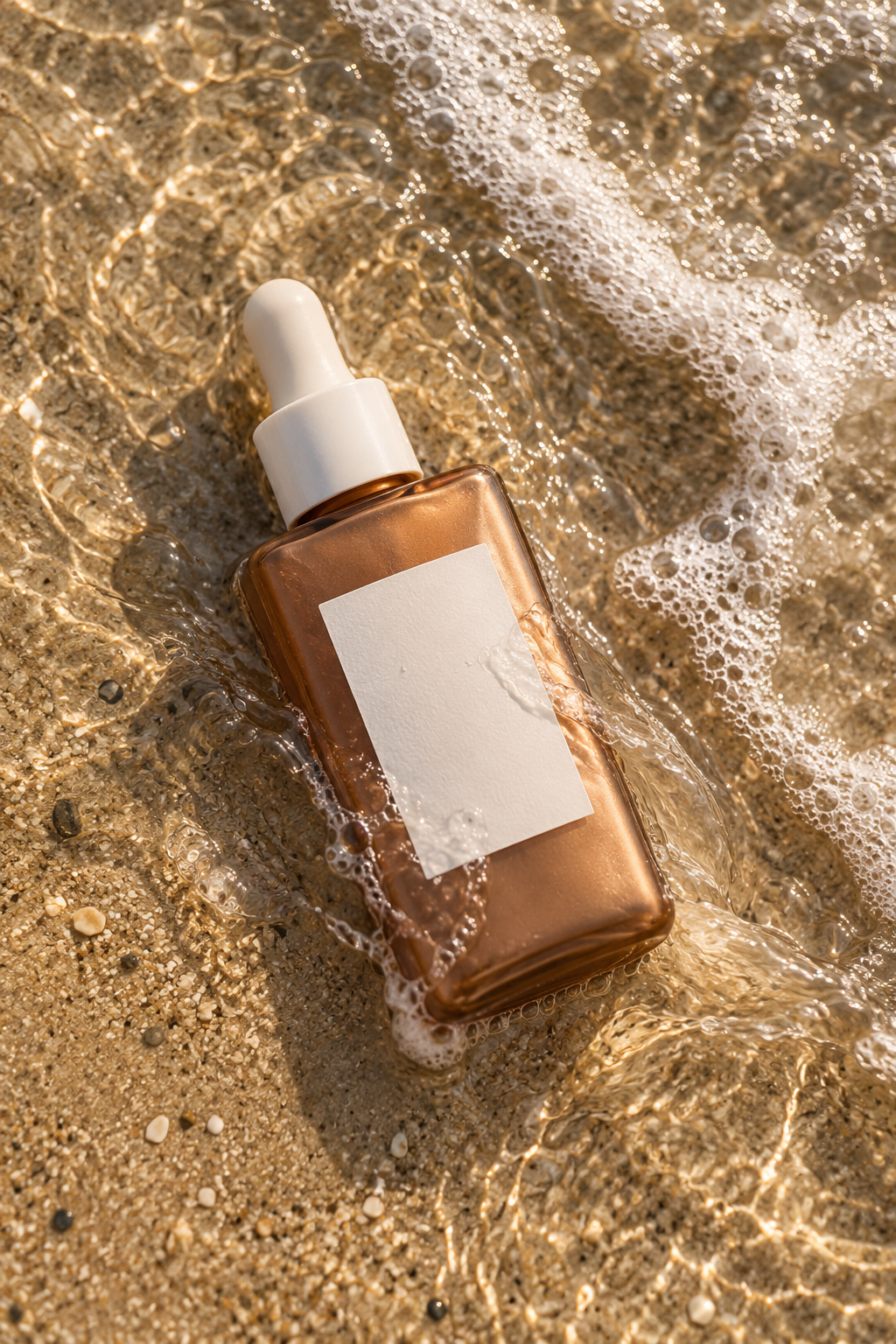Bronze essence dropper bottle in golden sea light — AI image creation