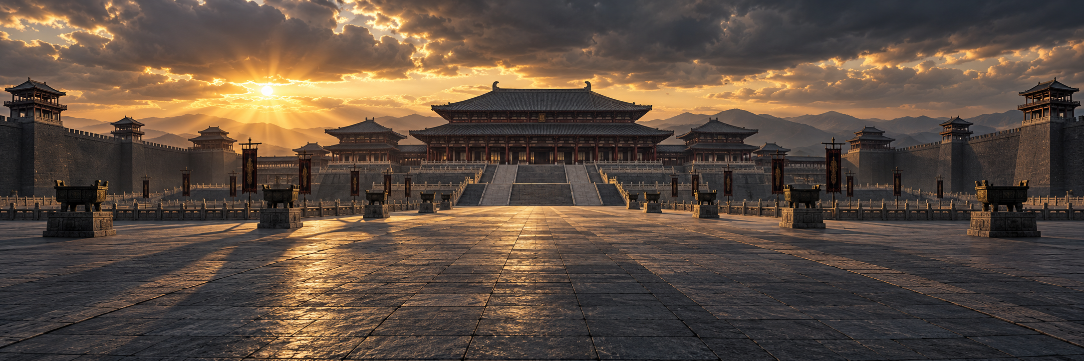 黄昏云隙金光下的秦代王宫全景 — AI image creation