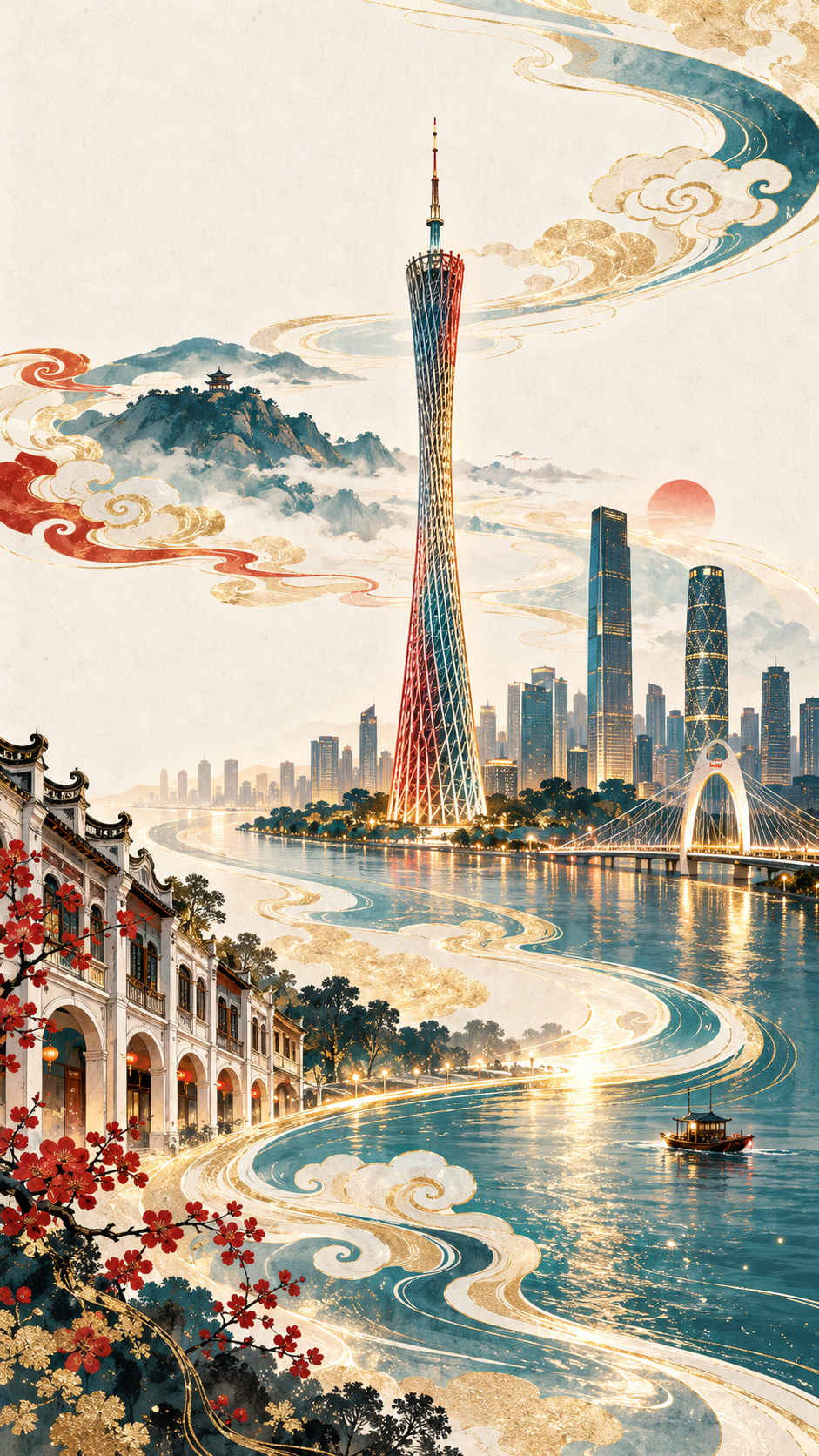 极简国潮鎏金广州塔海报