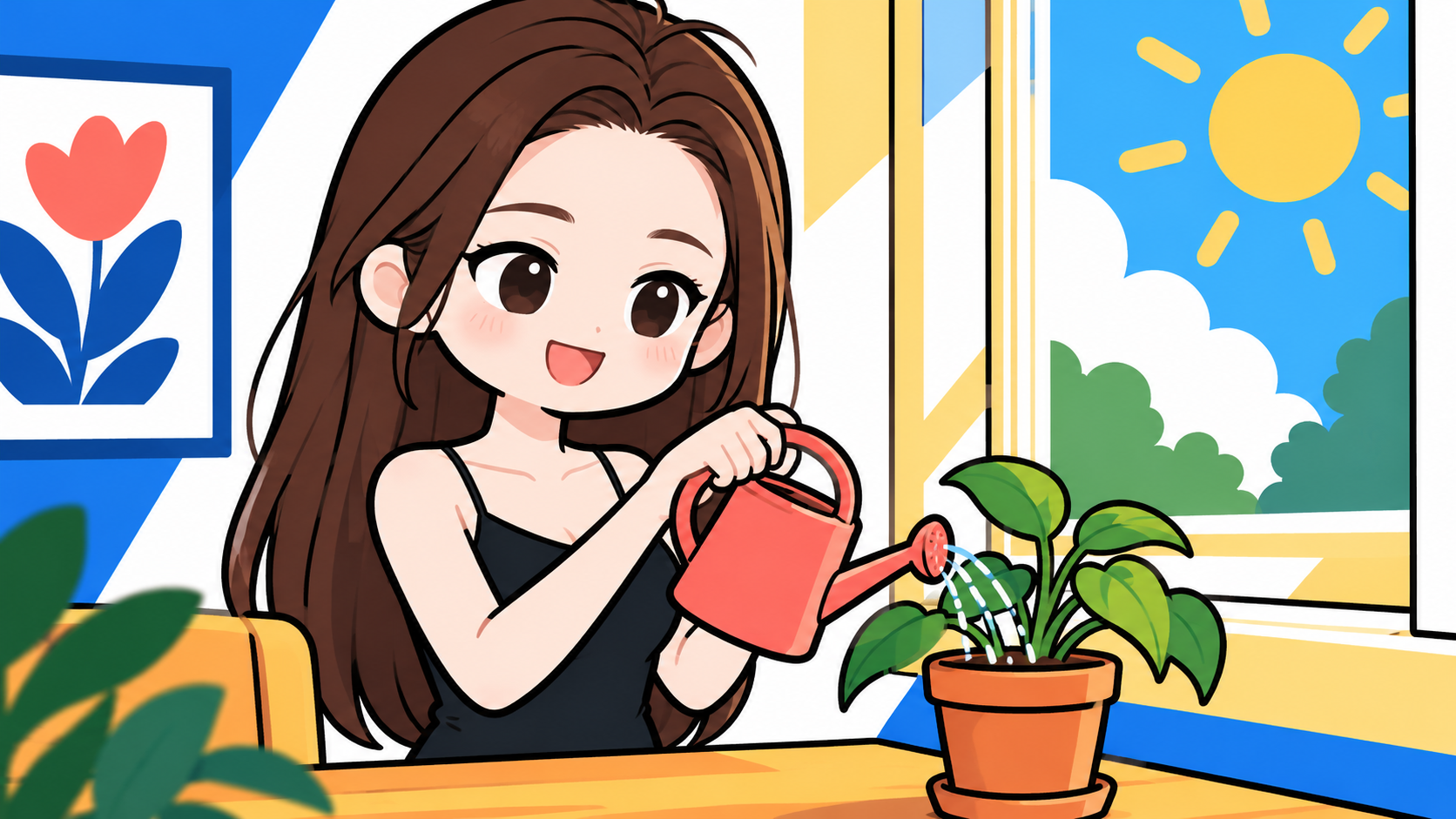 16:9粗黑描边Q版扁平插画模板 — AI image creation