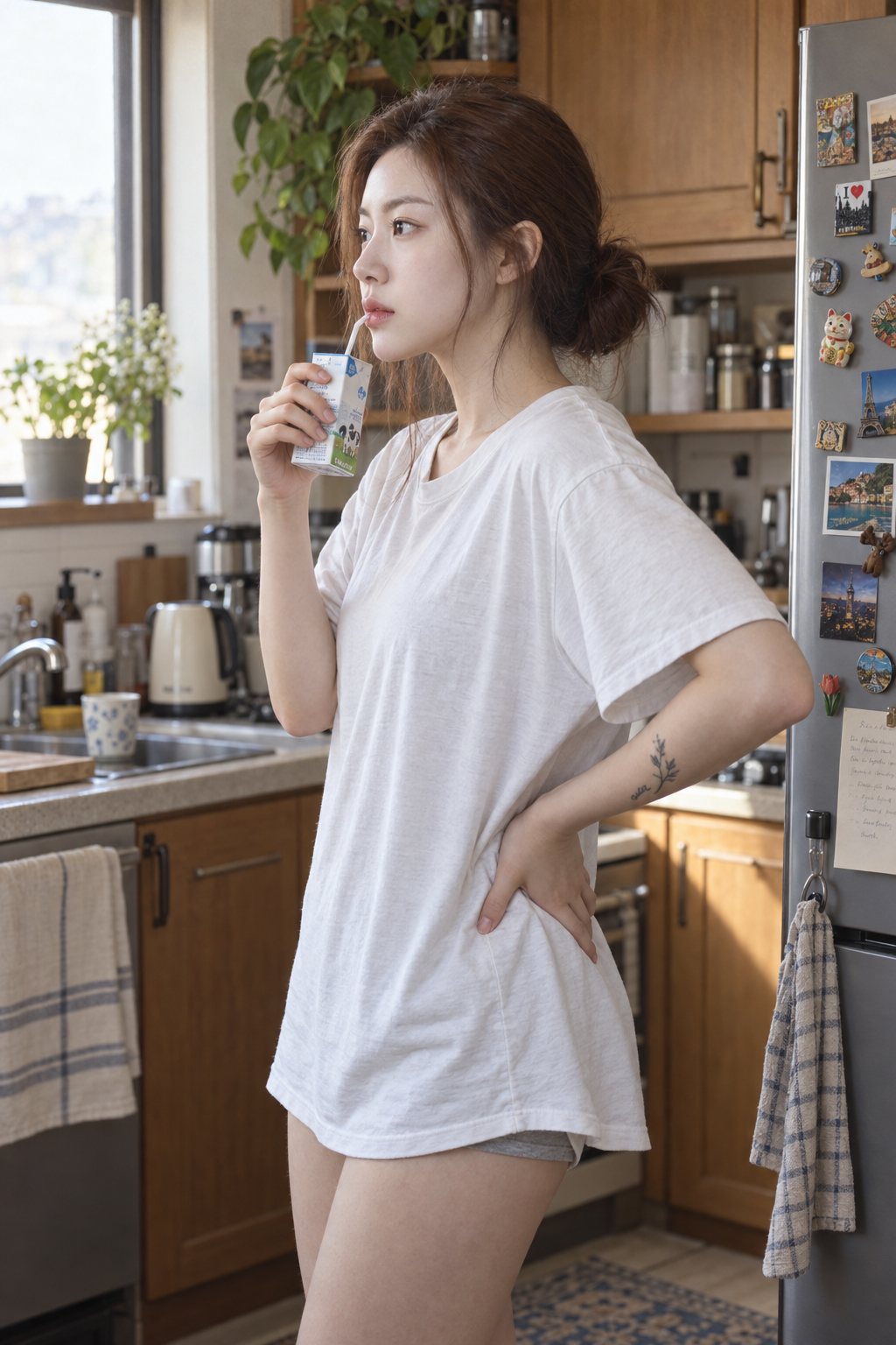 朝日差し込む家庭のキッチンで優しい横顔