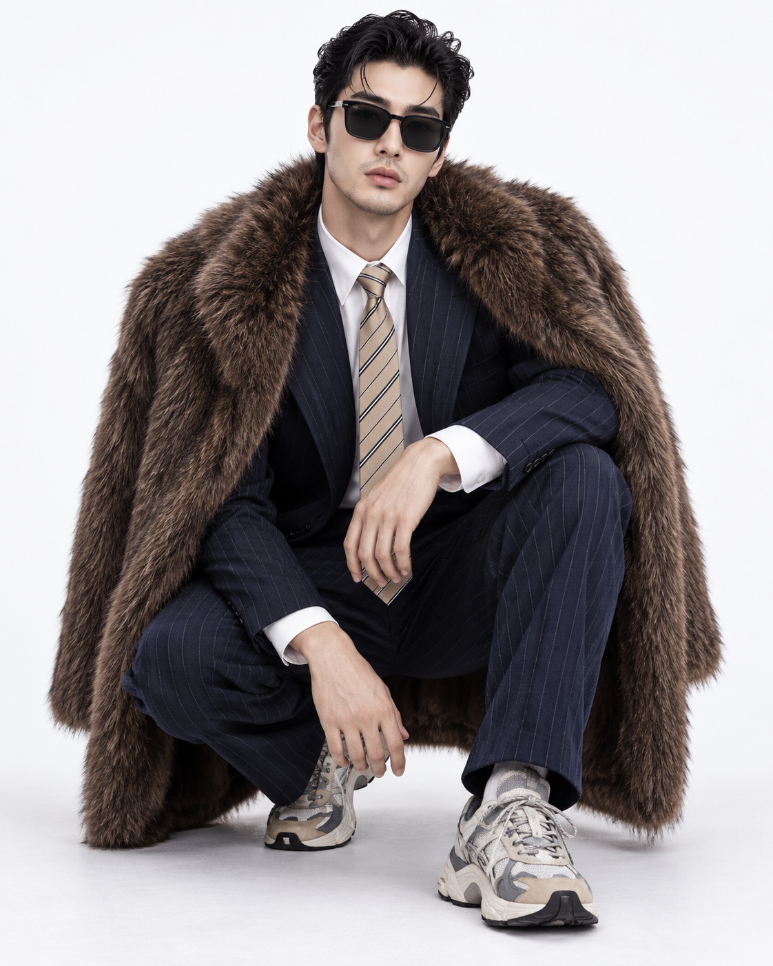 高級ファー素材のスーツを着た男性モデルのしゃがみポーズ