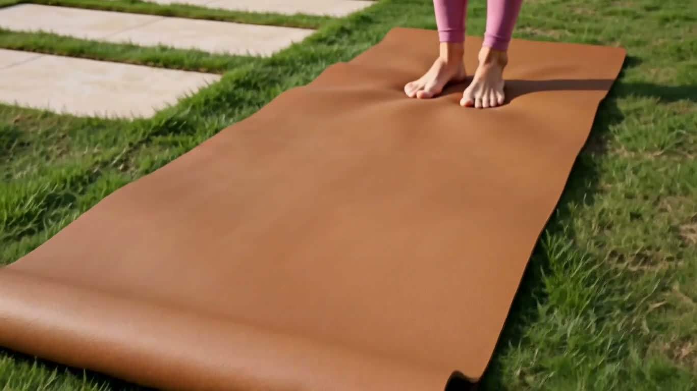 Quảng cáo thảm yoga sang trọng trong sân ngập nắng sớm