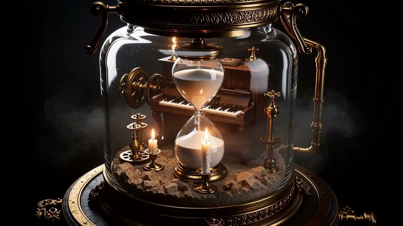Piano du temps dans une bouteille de verre steampunk