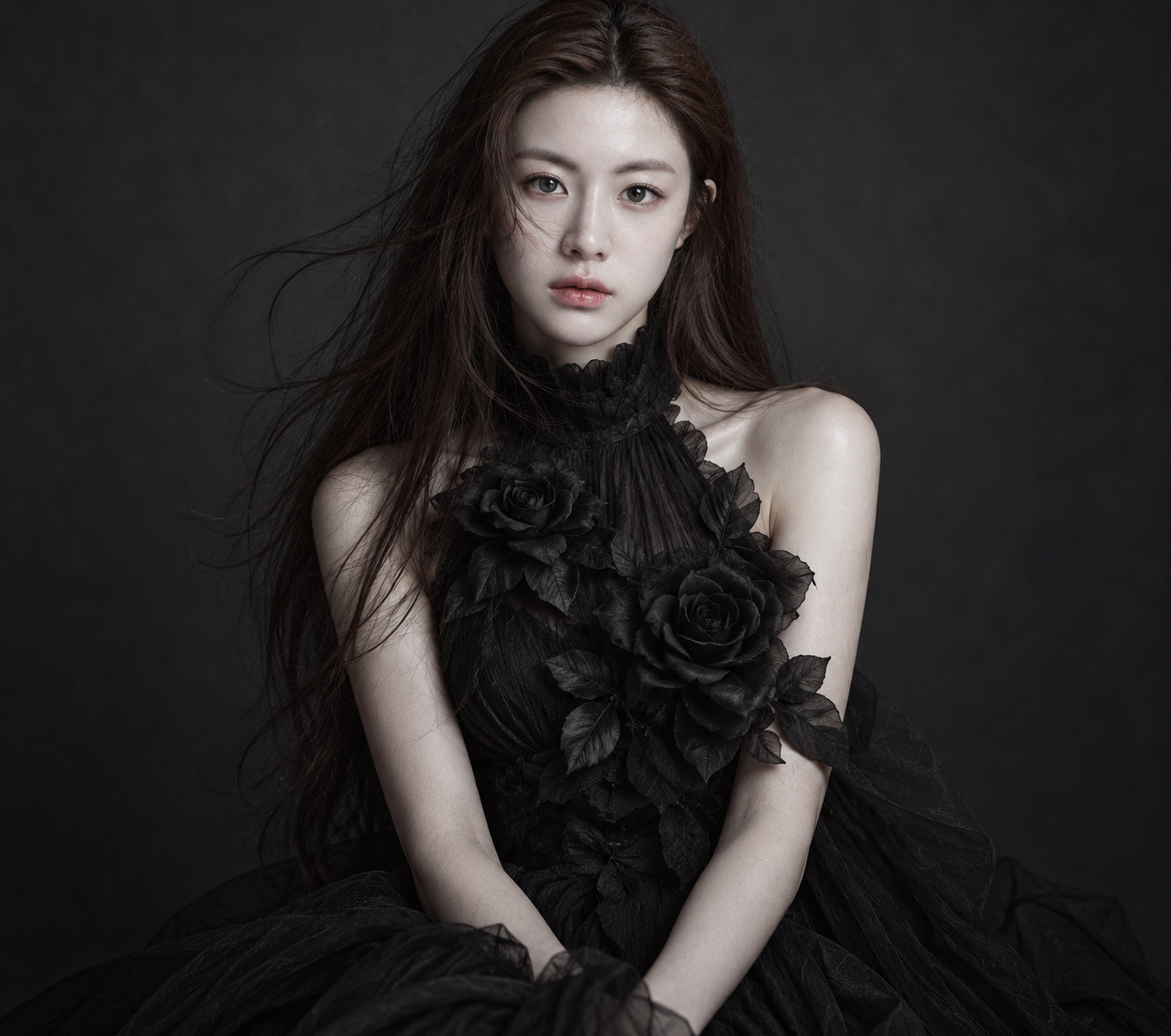 차콜 그레이 스튜디오 속 고딕 오트쿠튀르 성인 여성 초상