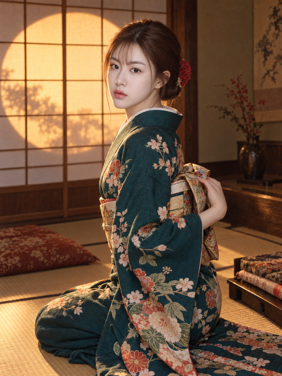 夕照和室中整理和服衣袖的成年女性胶片人像