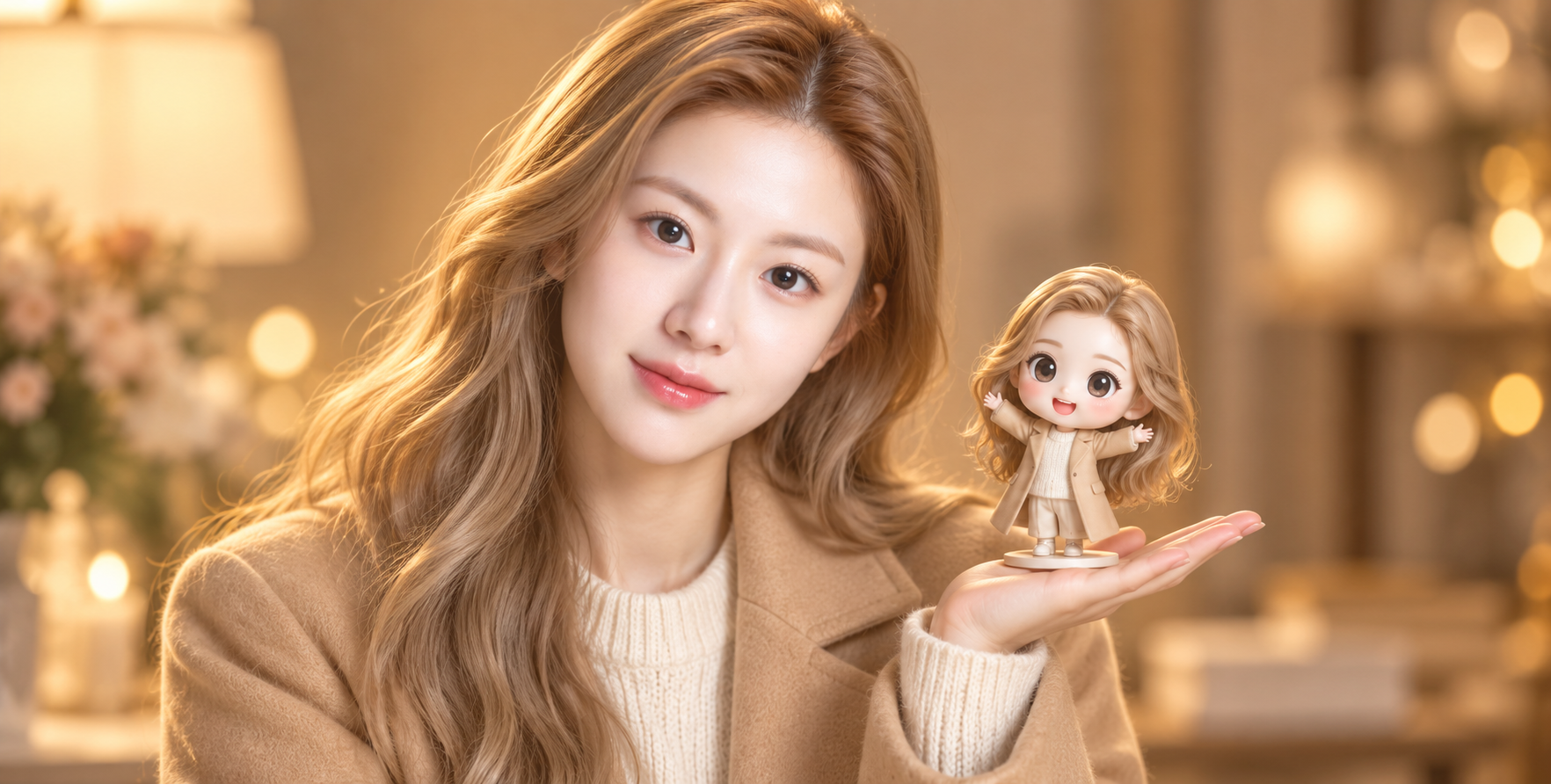 성인 여성이 손바닥 위에 자신의 미니 치비 인형을 올려놓다