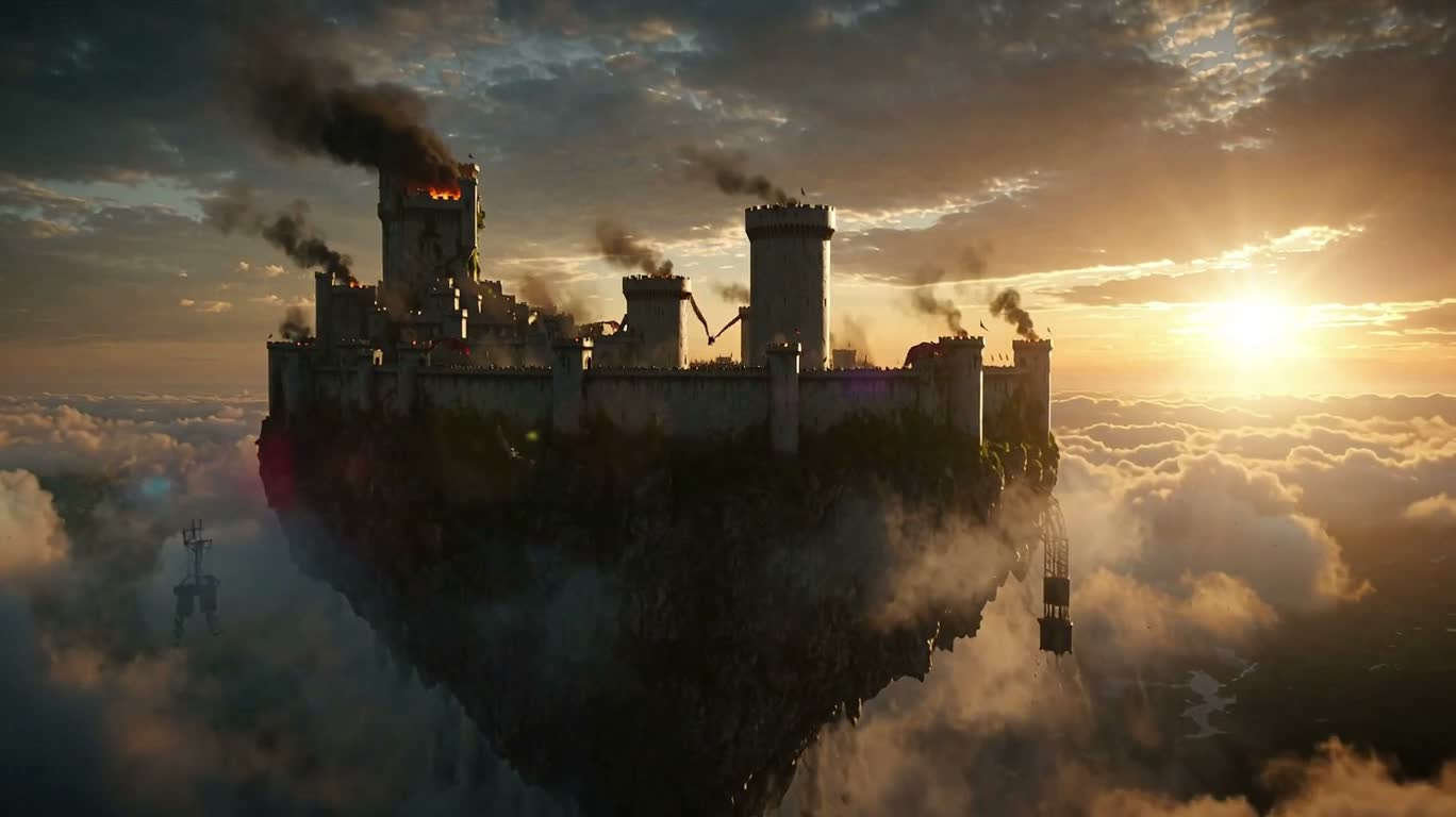 Рассветная катастрофа в замке дракона в море облаков — AI video creation