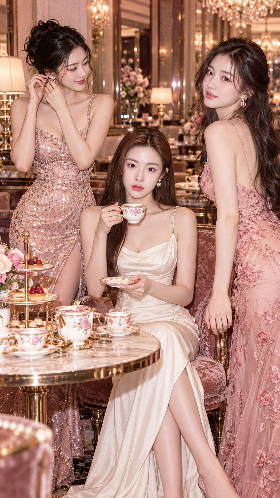 로즈 샴페인빛 세 사람의 애프터눈 티 패션 화보