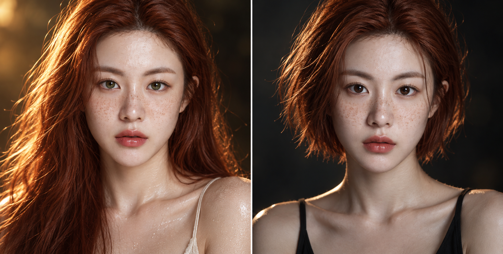 주근깨 있는 붉은 머리 성인 여성의 이중 조명 시네마틱 초상