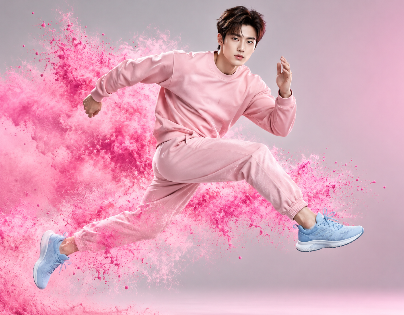 粉色粉末动感中的成年男性运动员 — AI image creation