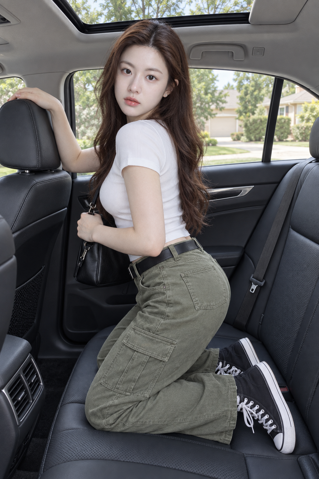 敞开天窗轿车后座成年女性回眸人像