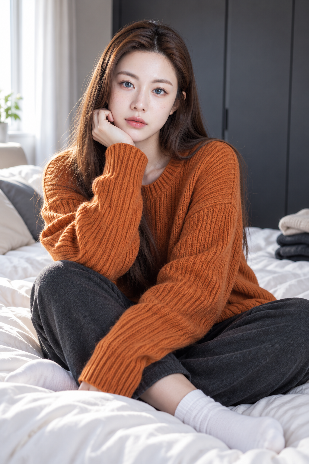 柔和日光中的成年女性居家肖像