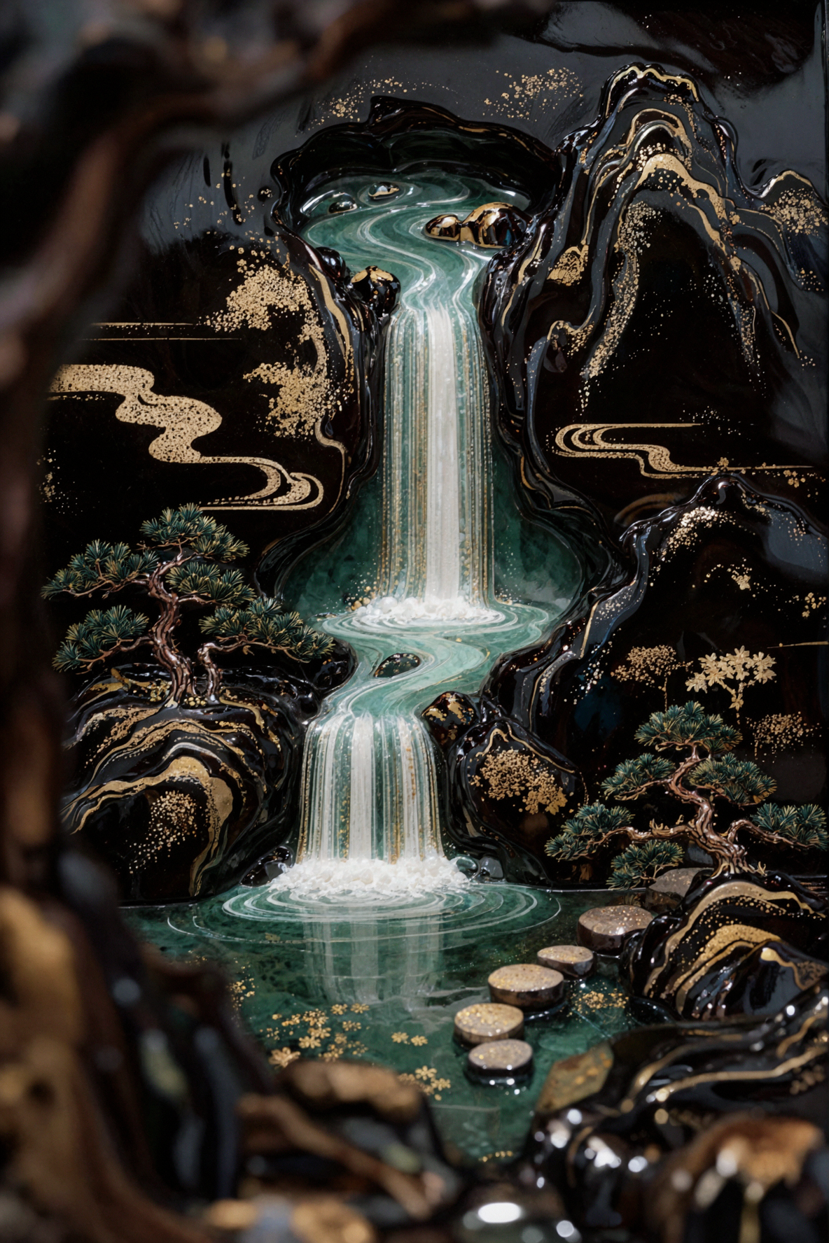 立体纸雕瀑布 · 黑金漆艺 — AI image creation