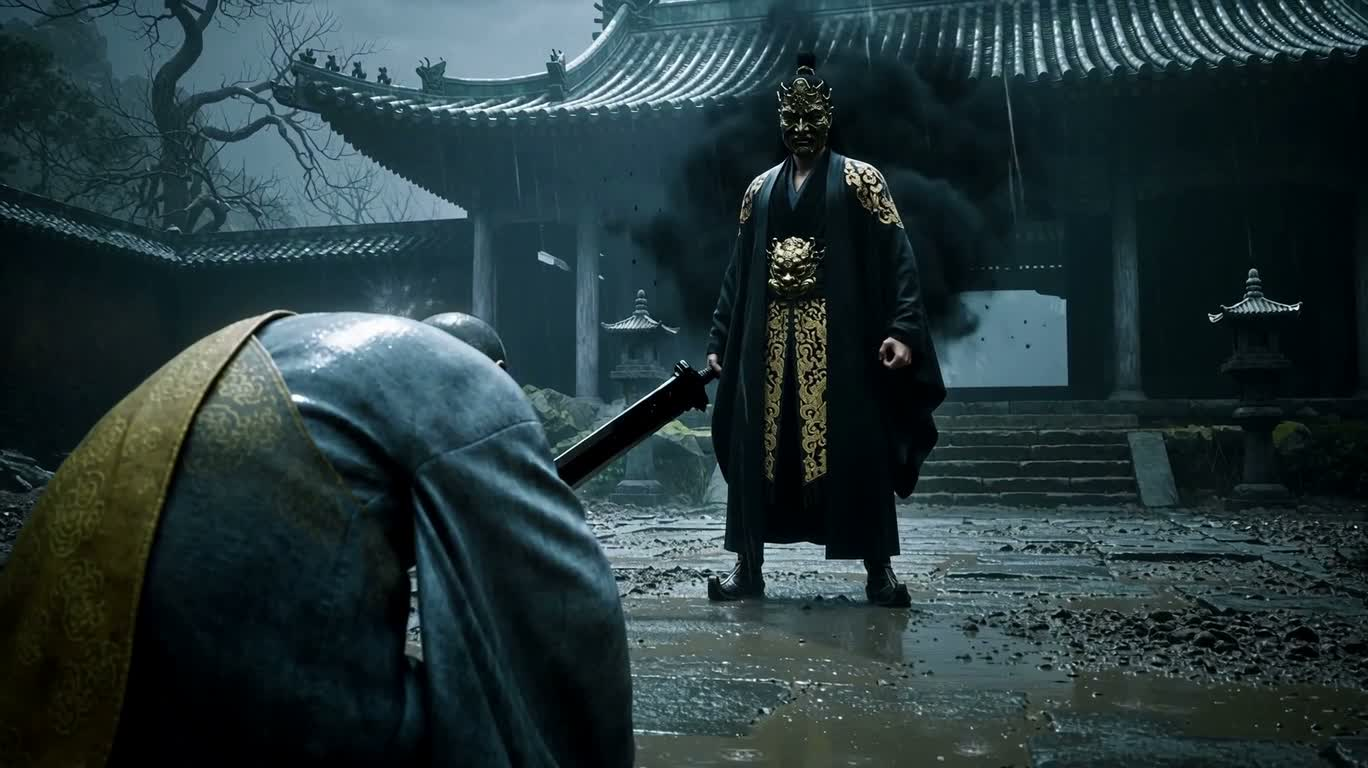 暴雨古寺中的金色闪电之眼