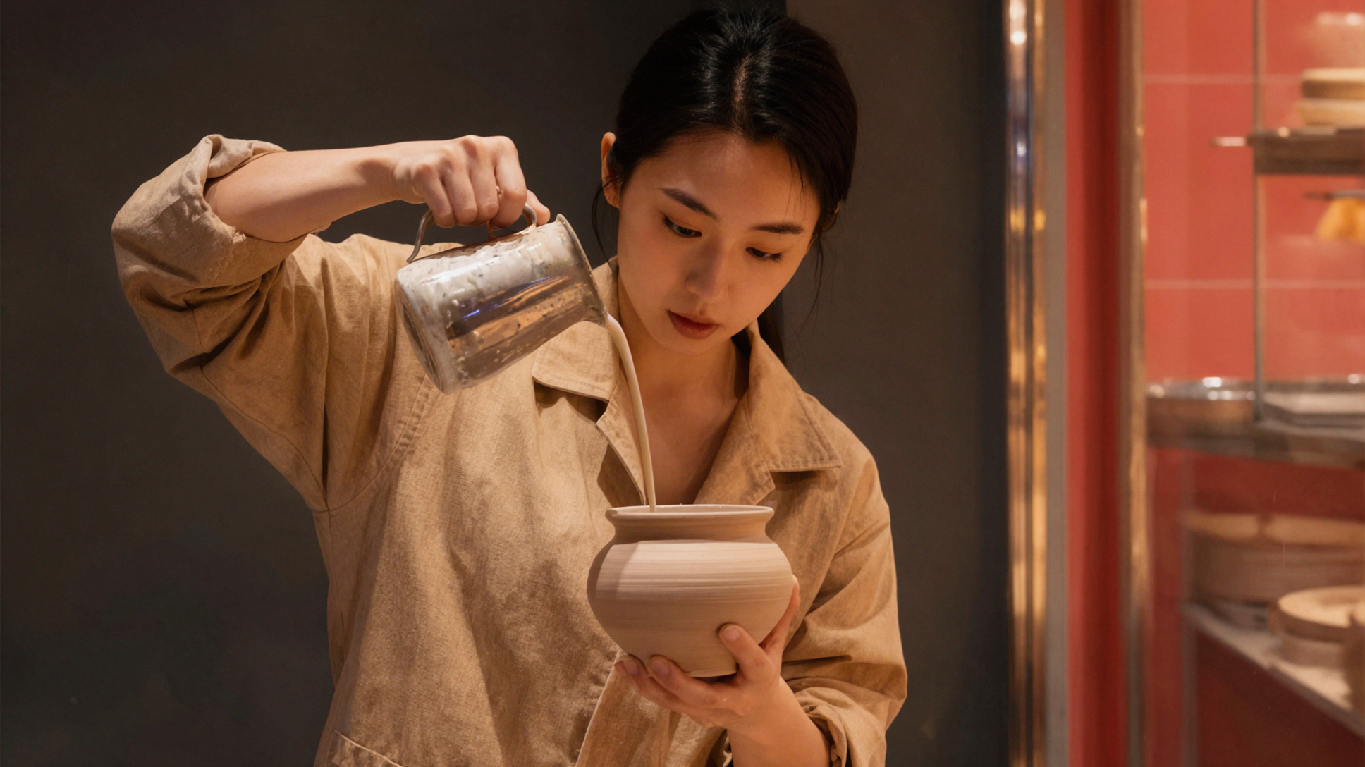 East Asian Woman Ceramicist · Glaze Pour · Frozen Motion — AI image creation