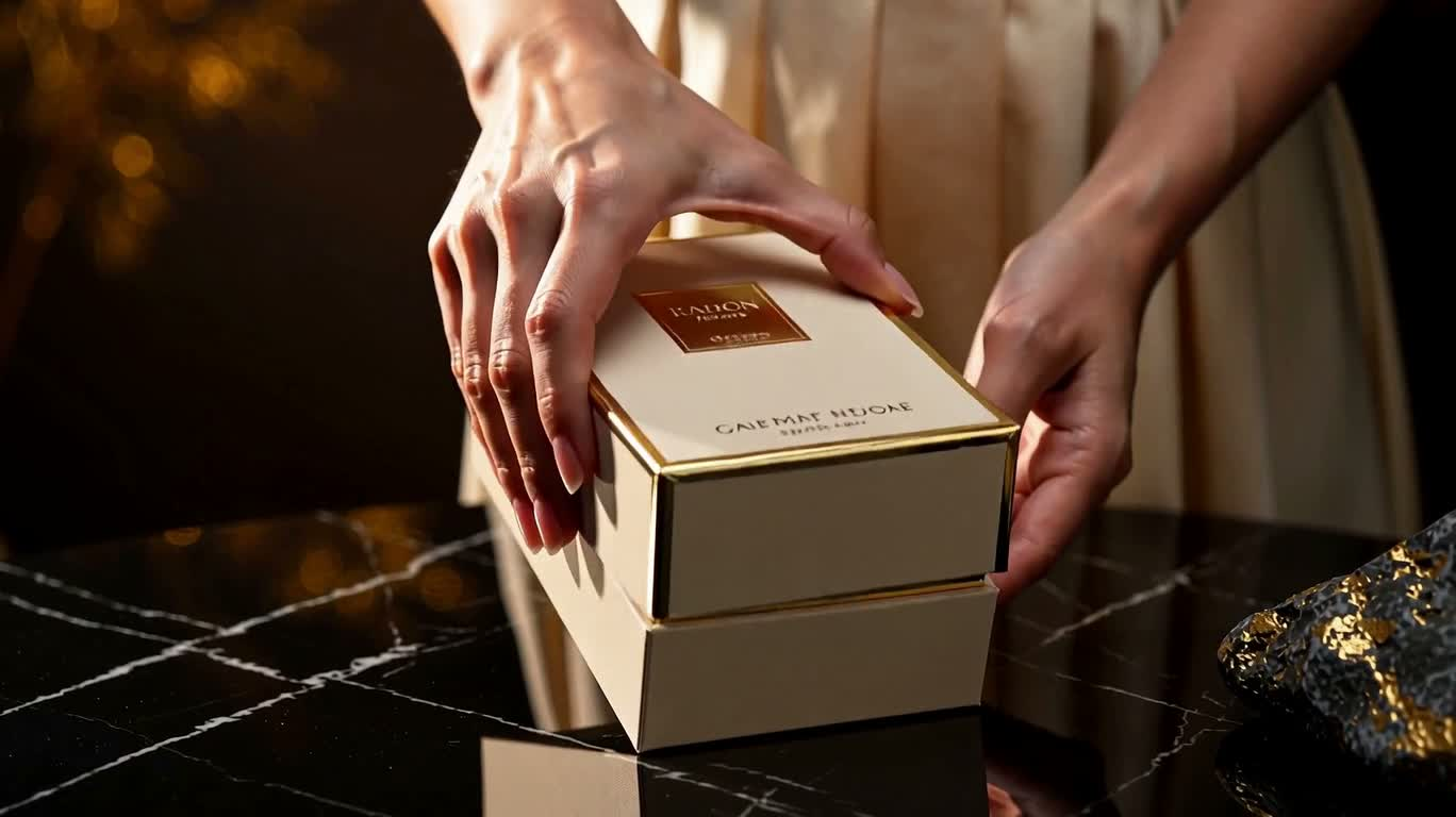 Déballage et vaporisation d'un parfum doré
