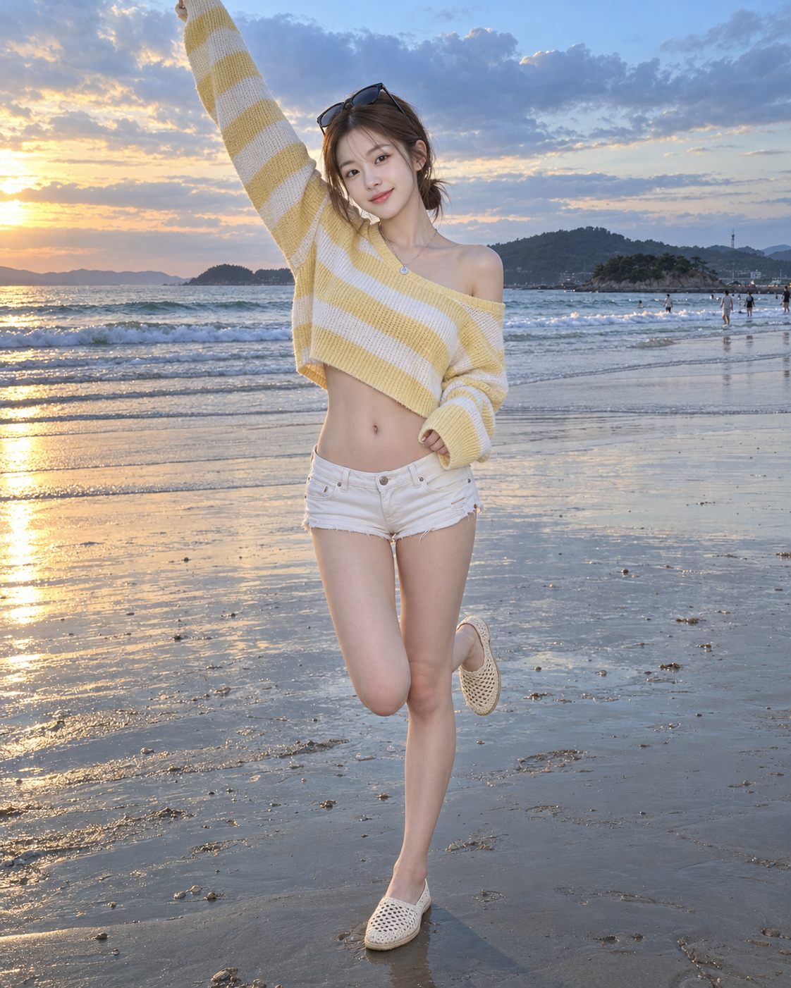 韩国成年女性海滩日落穿搭快照 — AI image creation