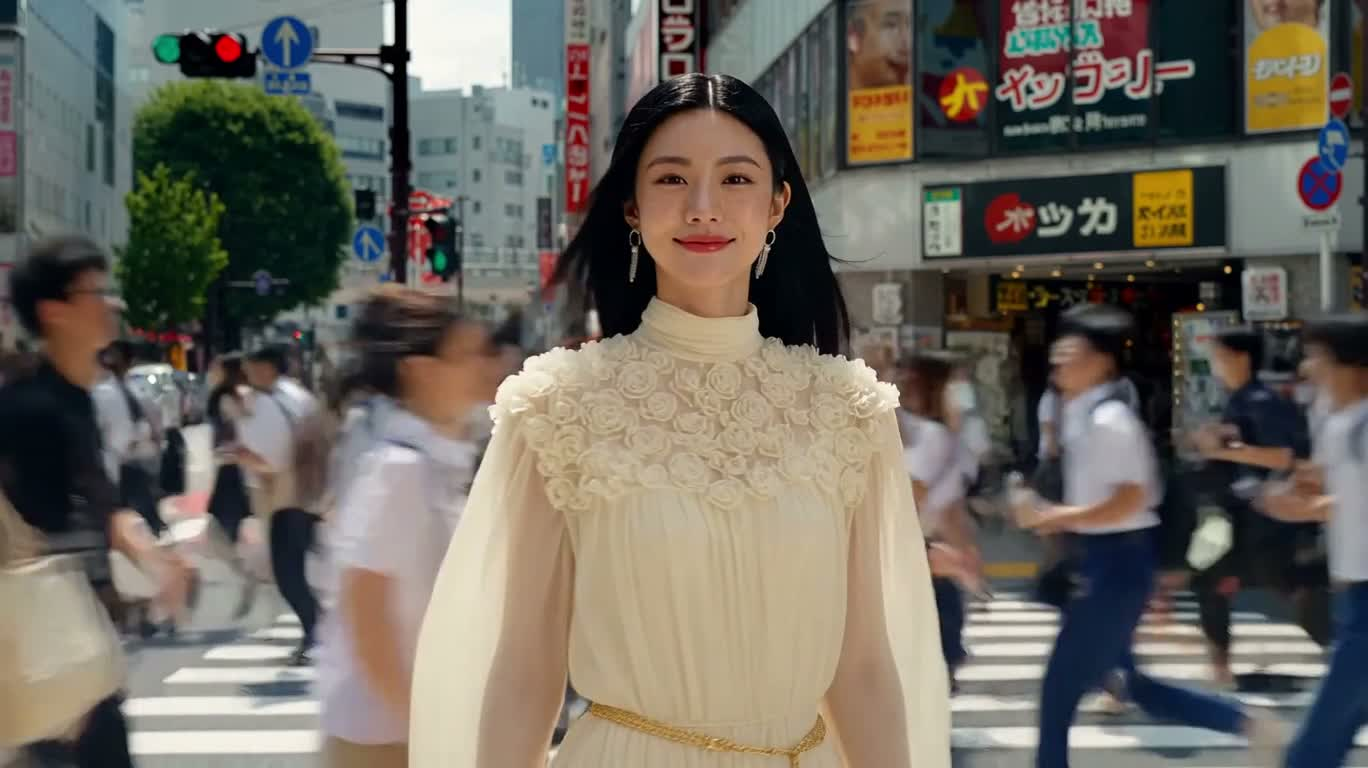 Girl in Cream Dress in the Shibuya Wind