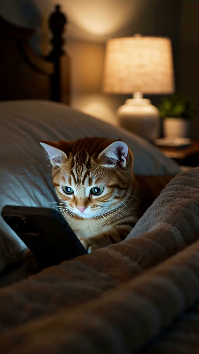 Котёнок тайком играет в телефон под одеялом — AI video creation
