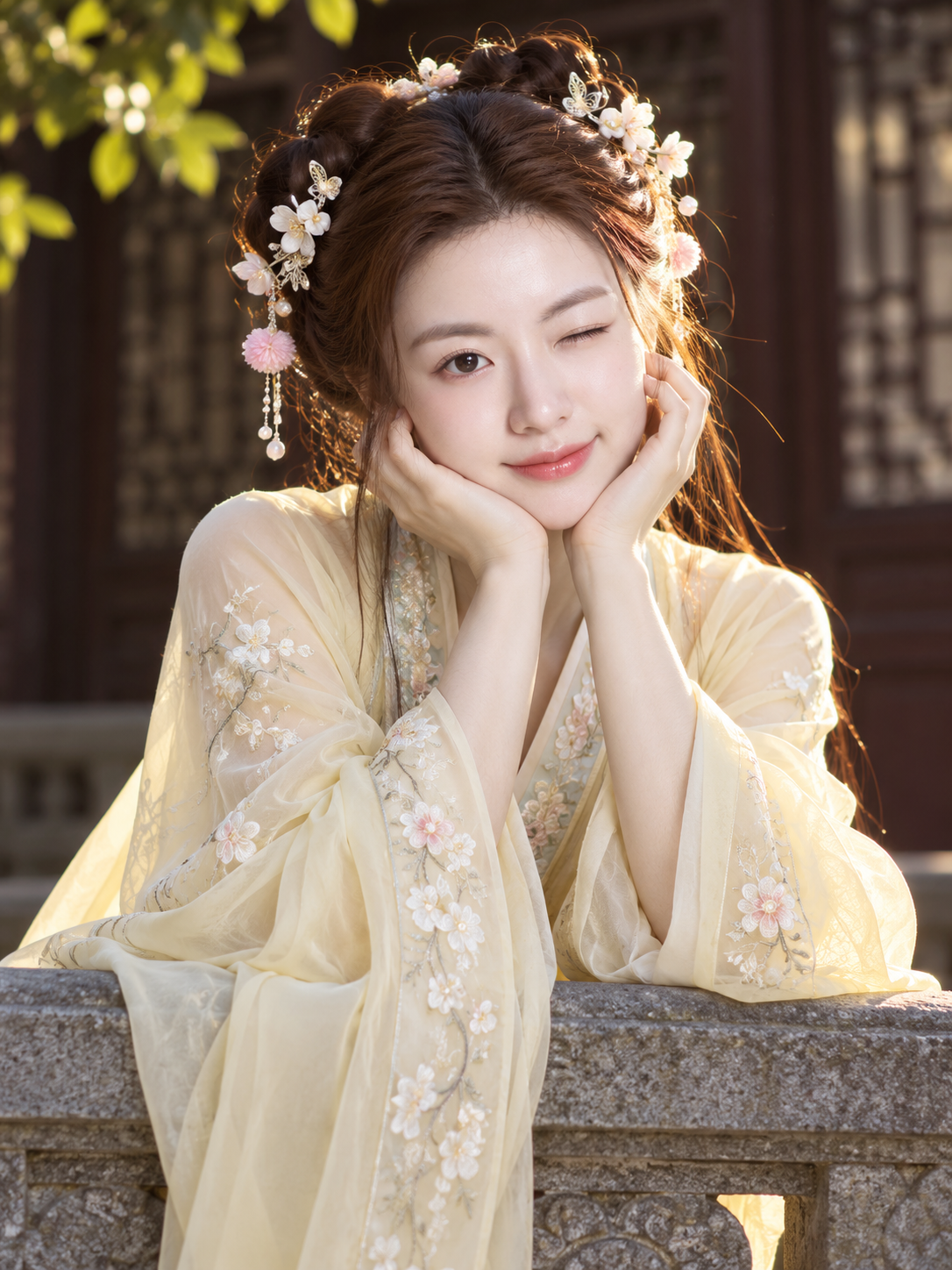 연한 노란색 한푸를 입고 턱을 괴고 윙크하는 성인 여성의 역광 인물 사진