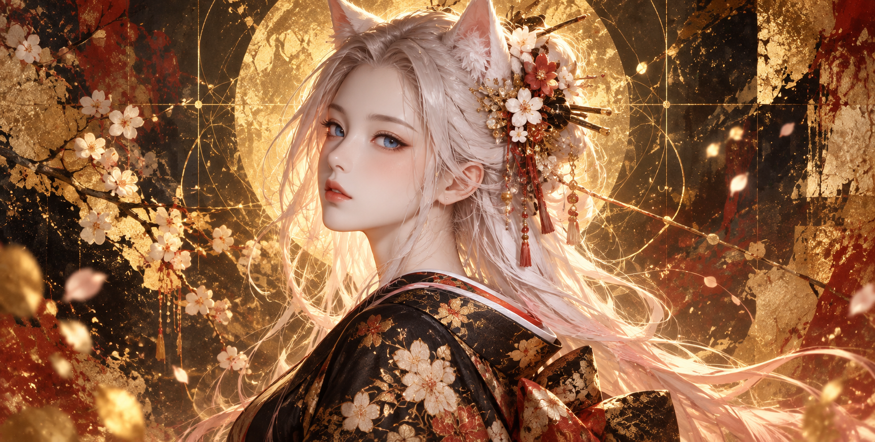 金色几何光环下的黑金猫耳和服侧影