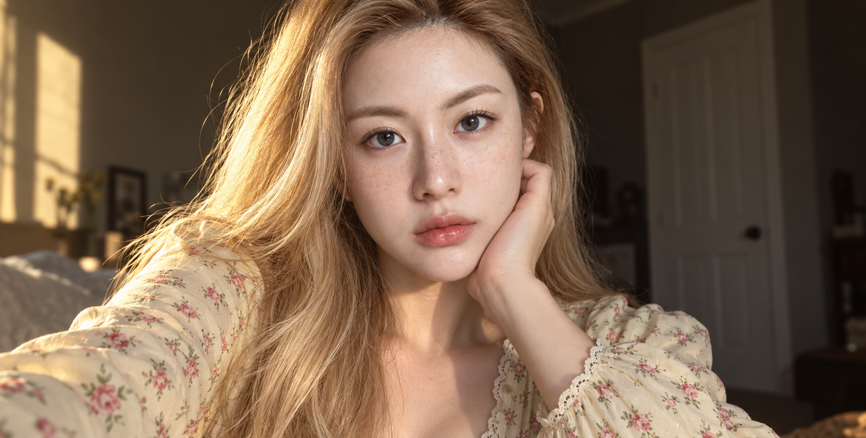 沐浴金色阳光的金发雀斑少女特写