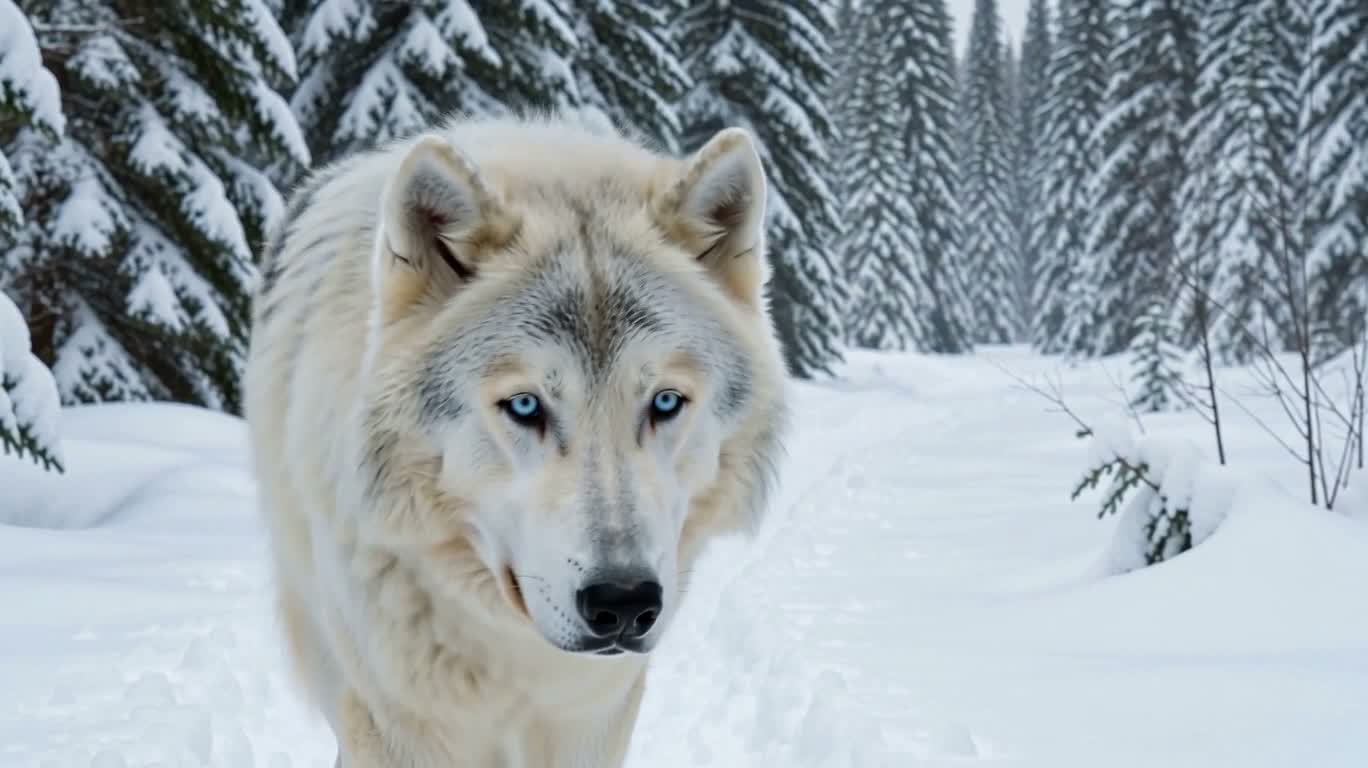 Woman and Wolf in a Snowy Forest
