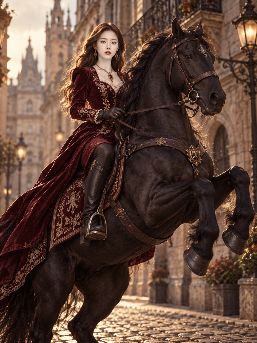 暗紅の華服の貴婦人がレトロな街を馬で行く