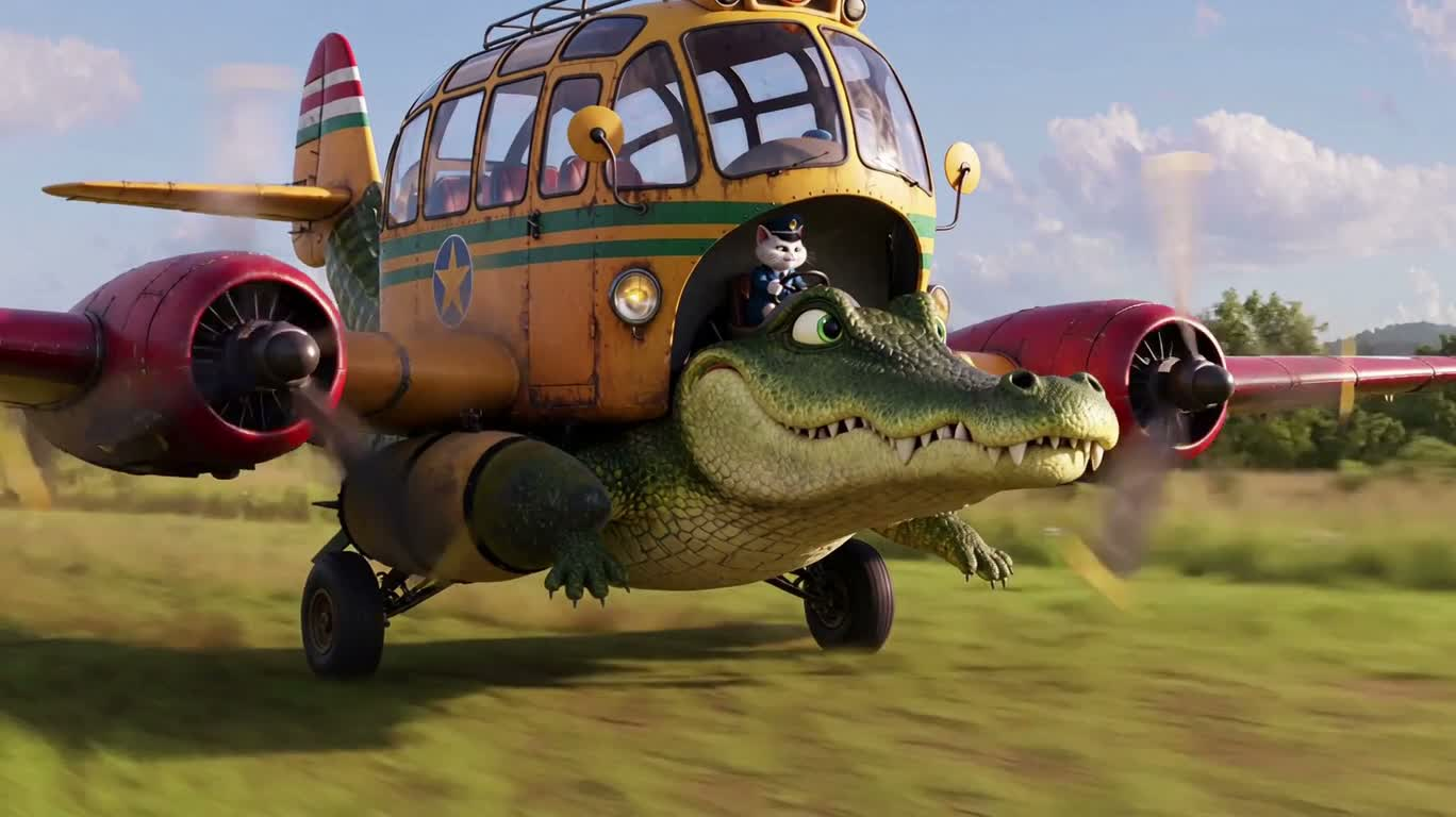 Flying Crocodile Bus on the Grass Runway — AI video creation