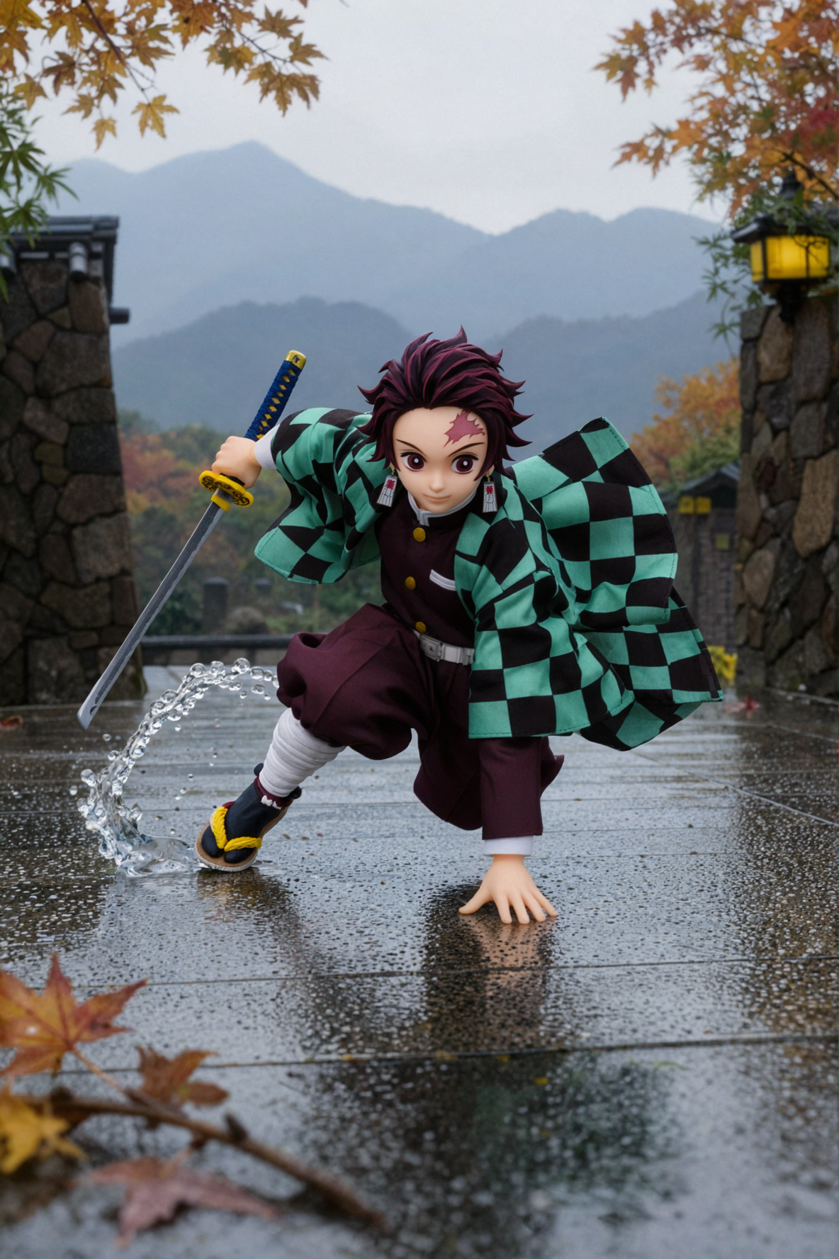 Tanjiro Kamado · Rainy Alley Slide Step · Large-Format Portrait