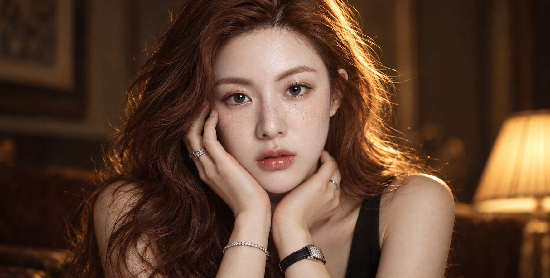 황금빛 역광 속 주근깨 있는 붉은 머리 성인 여성 초상
