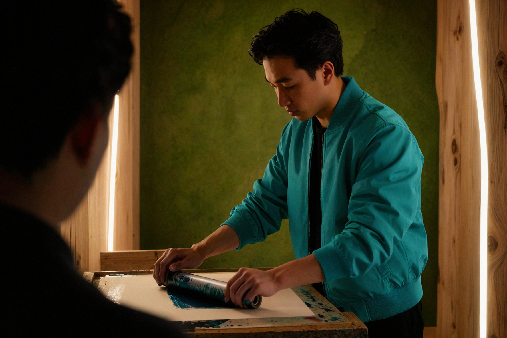 Adult Southeast Asian Male Graphic Designer · Roller Ink Marks · Circular Backlight