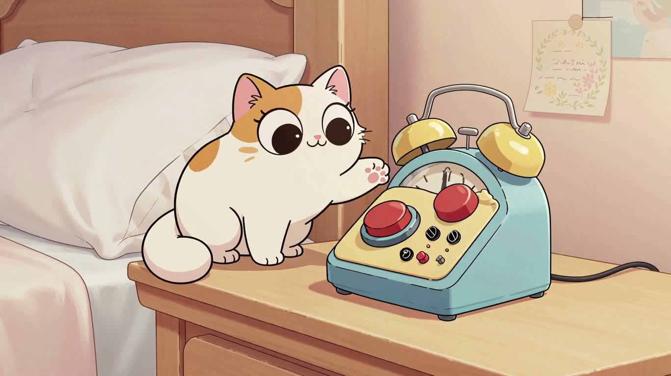 贪睡小猫与复古闹钟