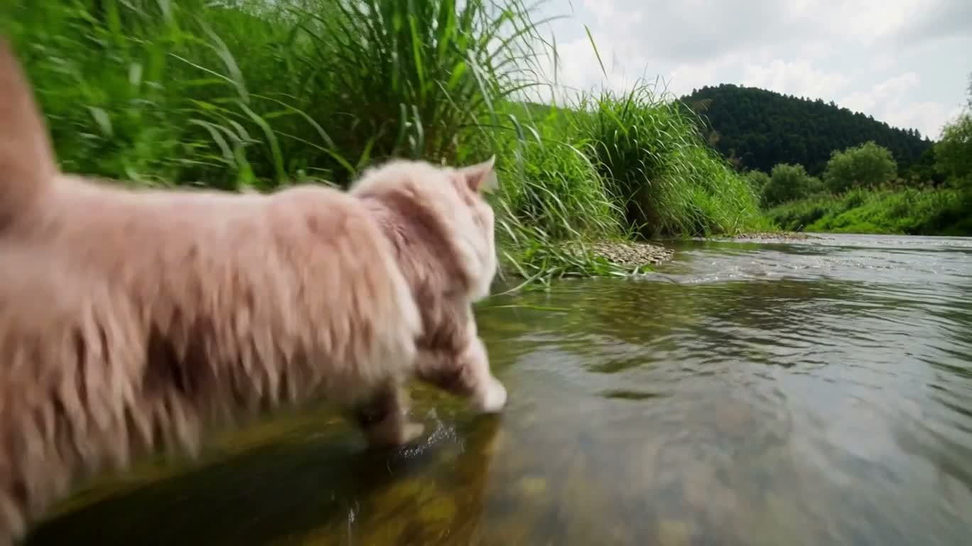 Chat rose duveteux courant au bord de la rivière