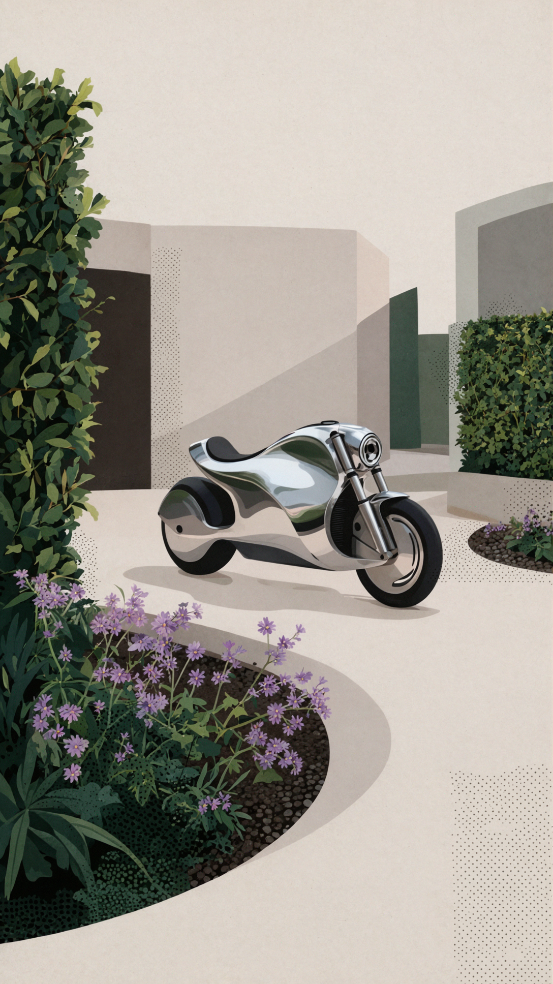 Moto au jardin de sculptures · Affiche sérigraphiée — AI image creation