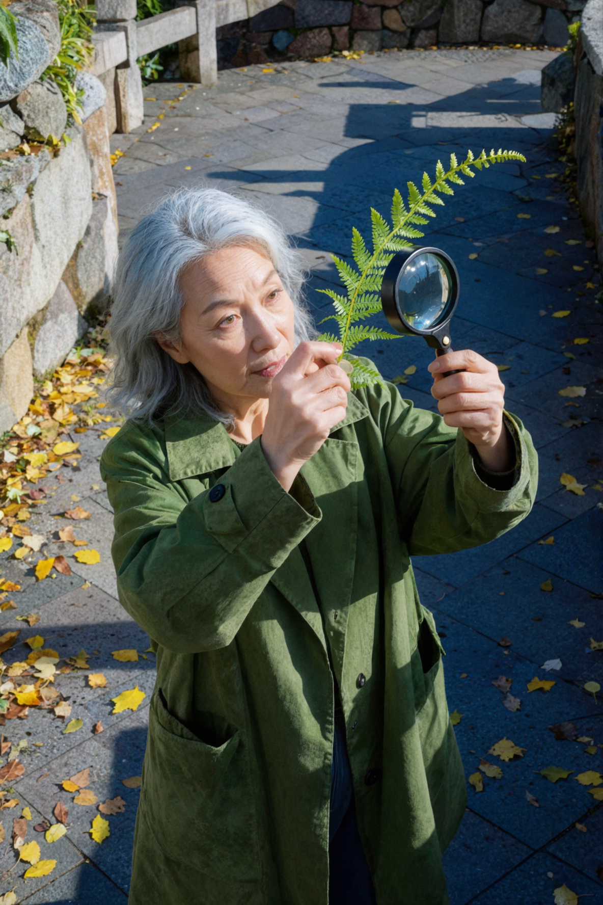 Botaniste adulte aux cheveux argentés · Observation des nervures · Ombres dures du soleil