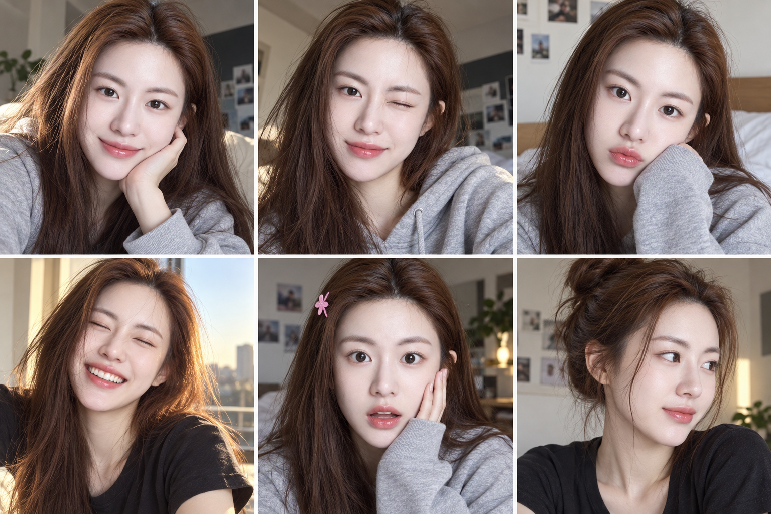 棕发成人女性多重表情抓拍拼贴画