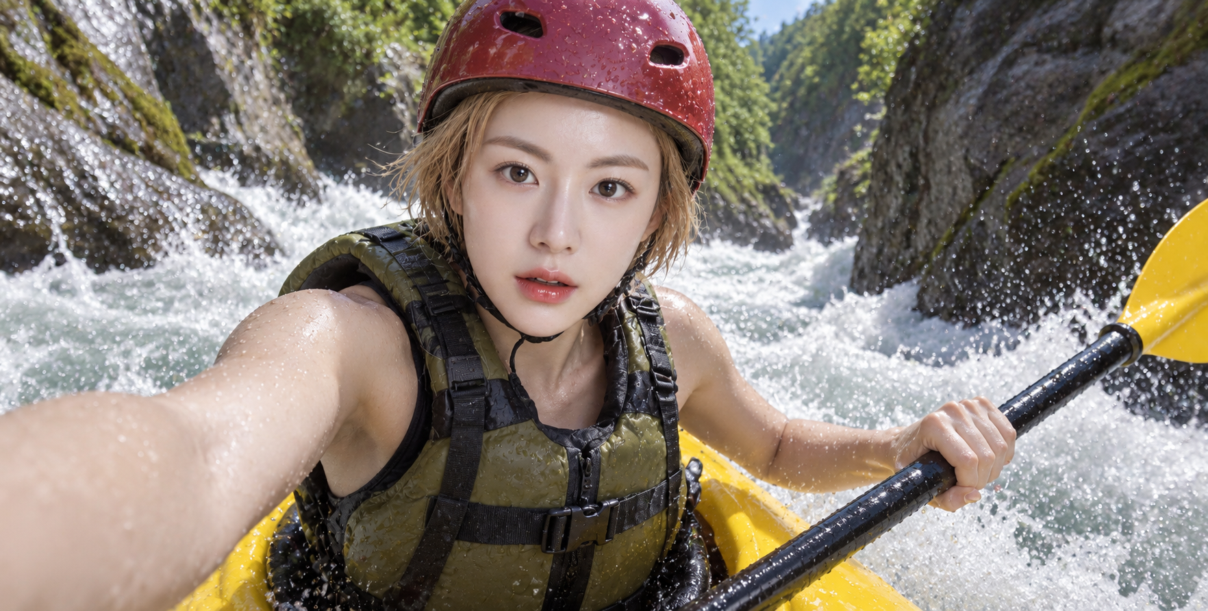 峡谷白水激流中的成年女性皮划艇自拍 — AI image creation