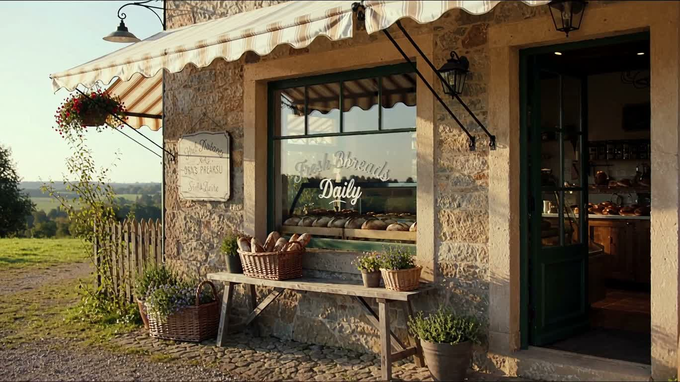 田舎のパン屋のショーウィンドウ — AI video creation