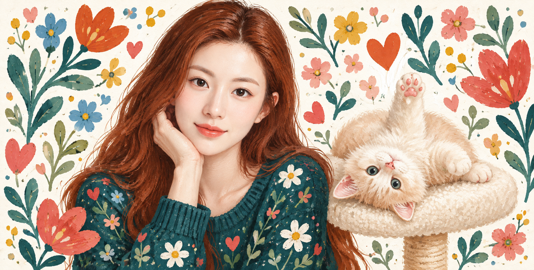 赤毛の女性とクリーム色の子猫の民話絵本イラスト
