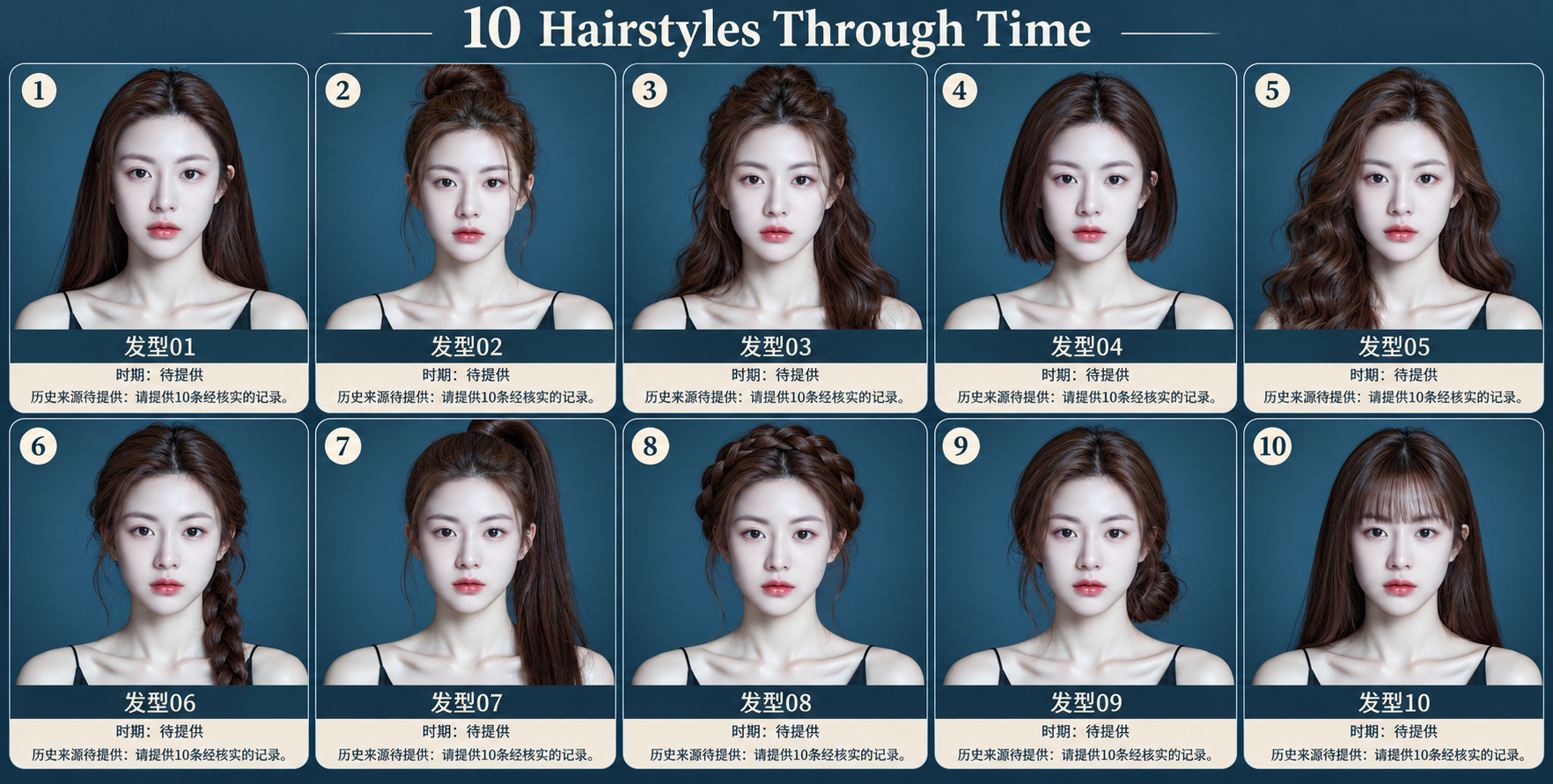 같은 성인 여성의 열 가지 헤어스타일과 역사 카드