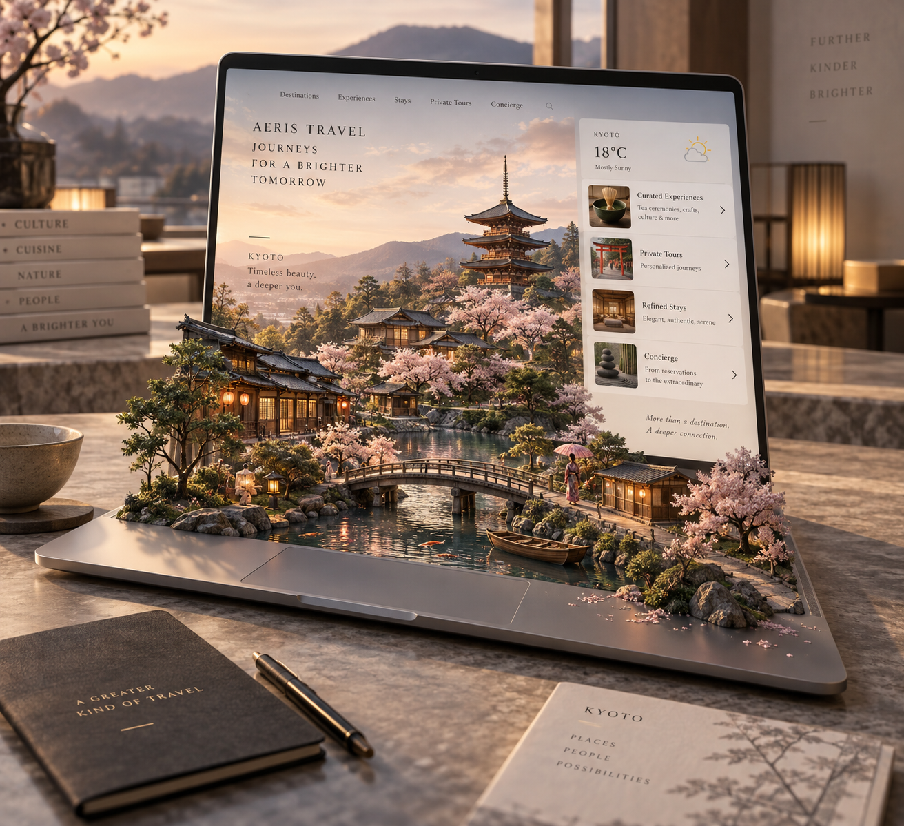 Appleノートパソコン上のミニチュア豪華旅行世界