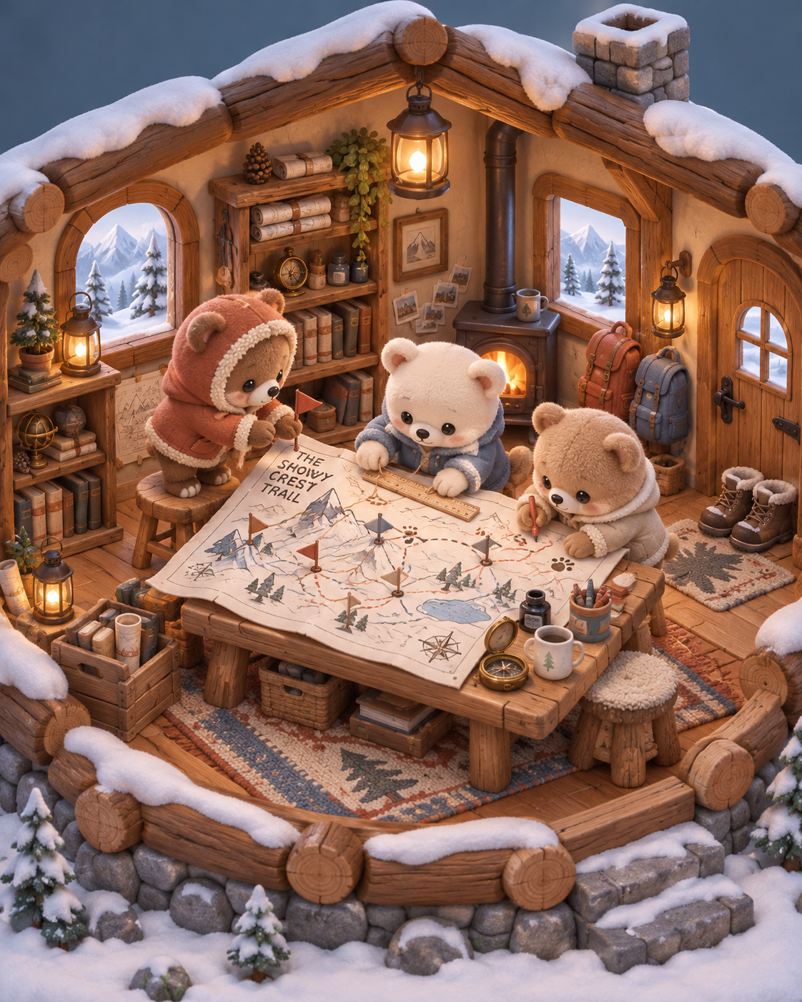 等距3D小熊木屋雪山地图创意场景