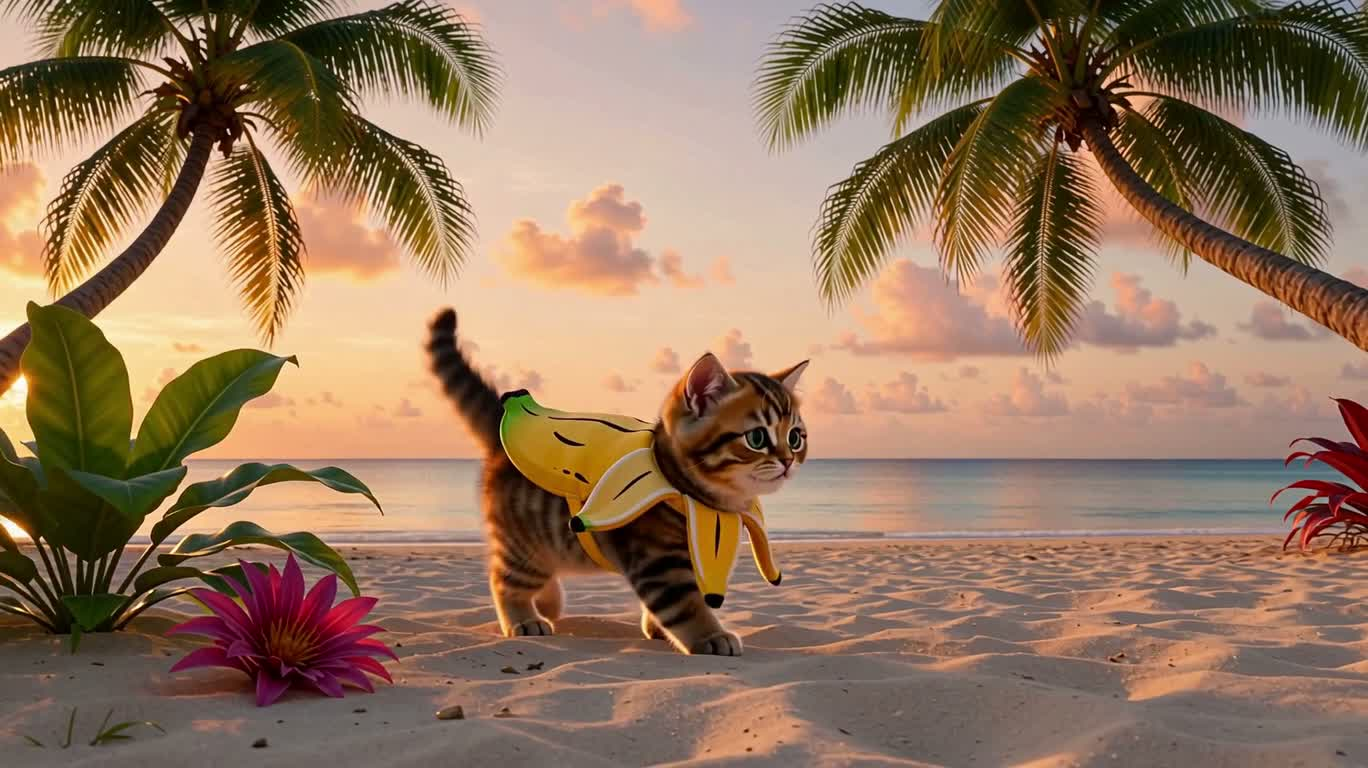 Banana-Costumed Kitten Dancer at Tropical Sunset