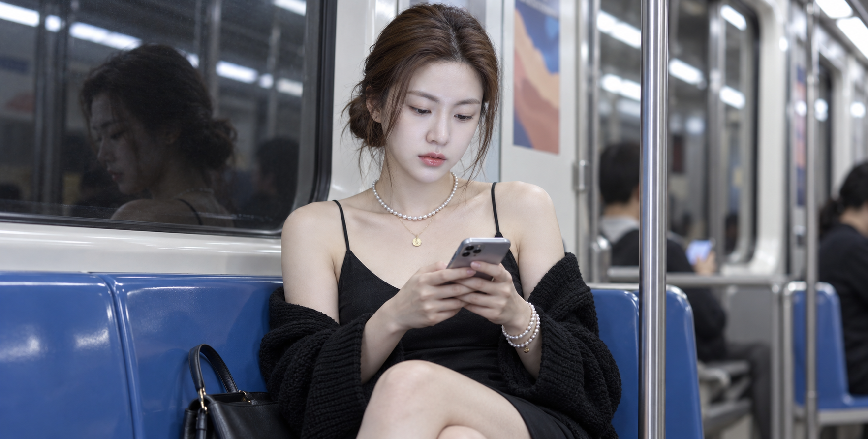 冷光地铁里的成年女性随性通勤肖像