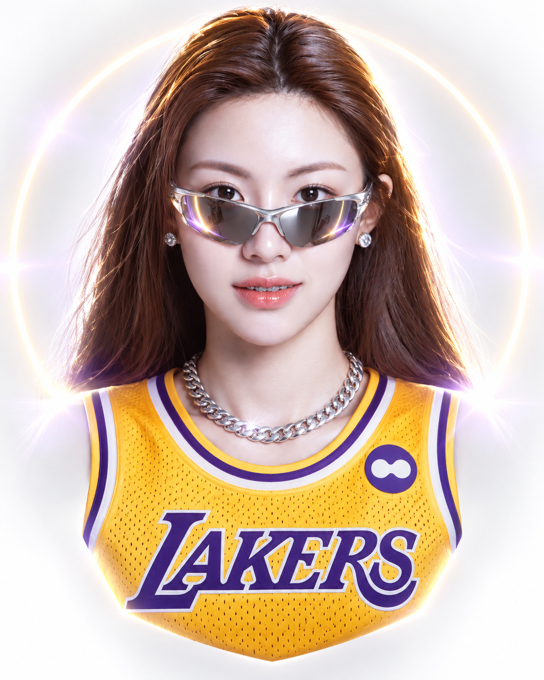 네온 챔피언 후광 아래 떠 있는 레이커스 3D 아바타