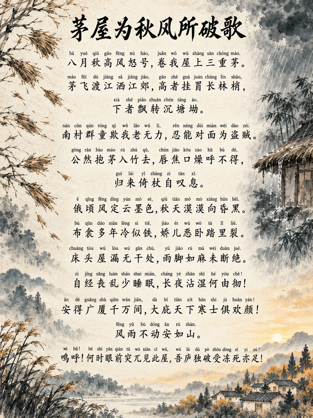 茅屋为秋风所破歌·全文拼音水墨图 — AI image creation